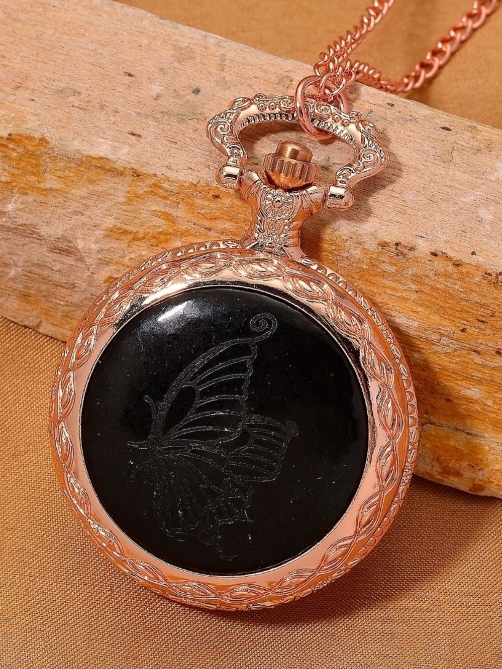 Strada Shungite Japanese Movement Butterfly Pocket Watch with Chain (36 Inches)